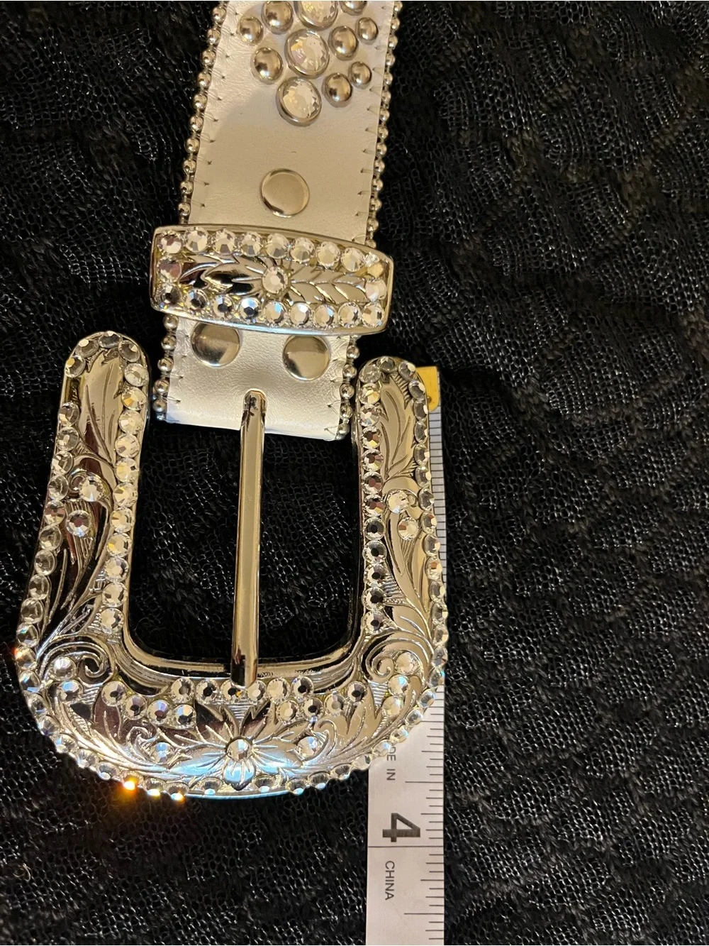 B.B. Simon Crystal-Studded Leather Belt with Rhinestone Buckle